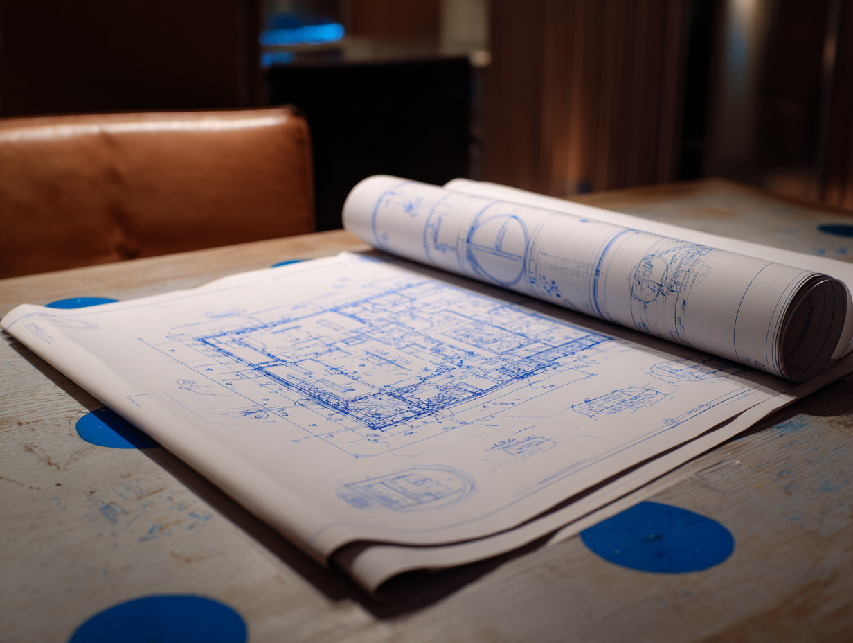 Architectural blueprint on a desk with acoustic treatment zones